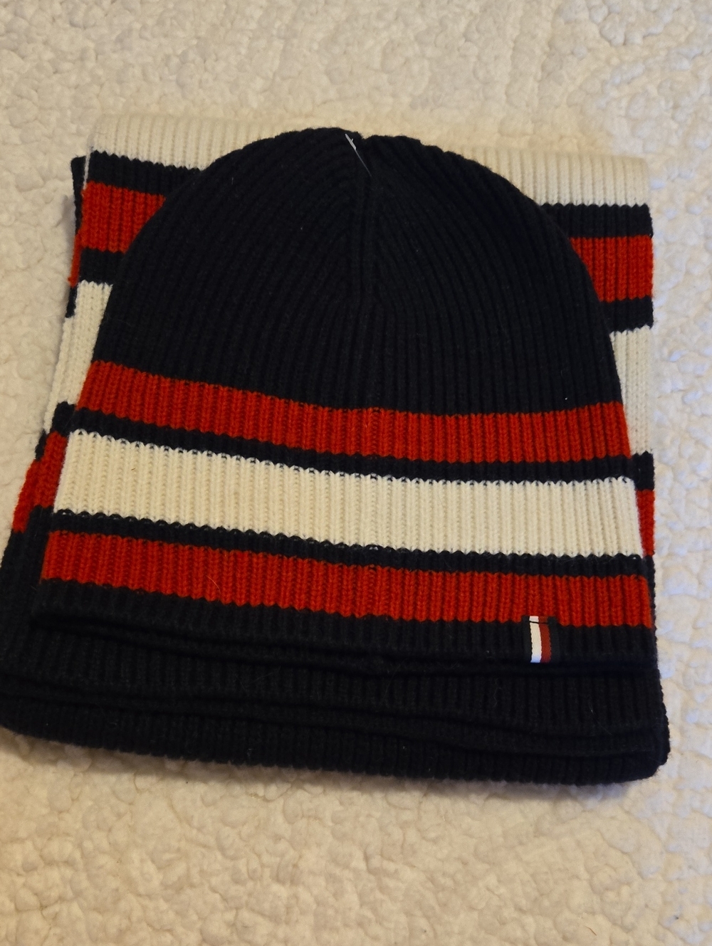 Tommy Hilfiger Black, Red & White Striped Knit Beanie